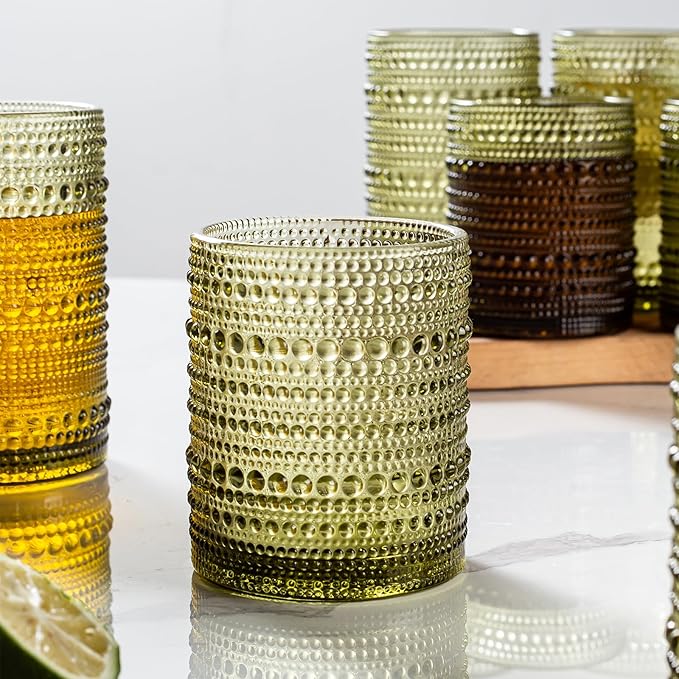 Set of 8 Hobnail Drinking Glasses Vintage Green Glassware - 4 Highball Glasses 14 oz, 4 Rocks Glass Cup 11 oz, Embossed Old Fashioned Glassware for Water, Wine, Beer, Juice, Mixed Drinkware