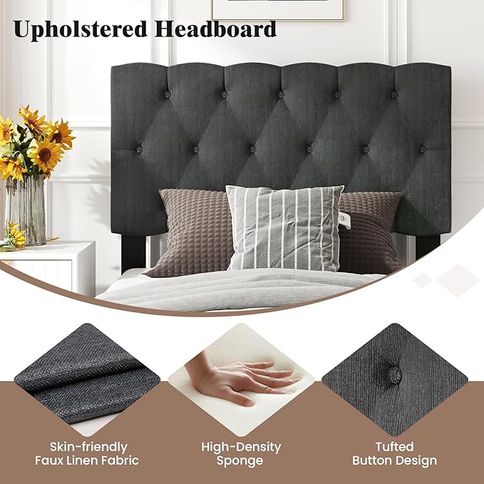 Giantex Twin Bed Frames with Headboard, Modern Upholstered Platform Bed Frame with Diamond Tufting Headboard, Wooden Slats Support, No Box Spring Needed, Gray