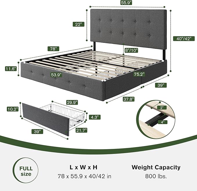 MUTICOR Full Size Bed Frame with 4 Storage Drawers, Upholstered Platform Bed with Button Tufted Adjustable Headboard, No Box Spring Needed, Easy Assembly, Square Tufted, Dark Grey Fabric