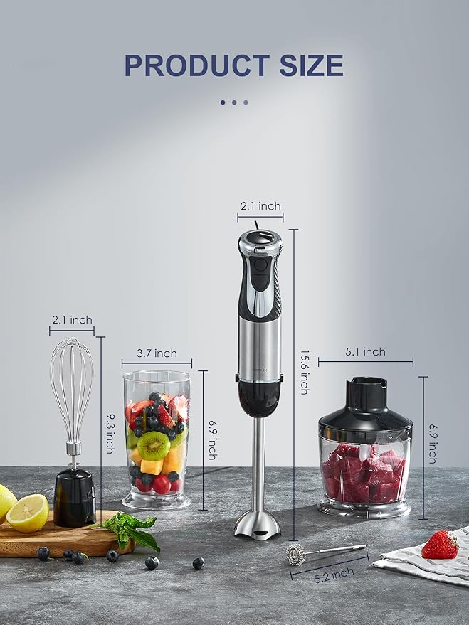 5-in-1 Hand Immersion Blender, 1000W Handheld, Copper Motor Stainless Steel Blade Stick, Mixing Beaker, Food Processor, Whisk, Milk Frother for Smoothies Puree Baby Food (Black)