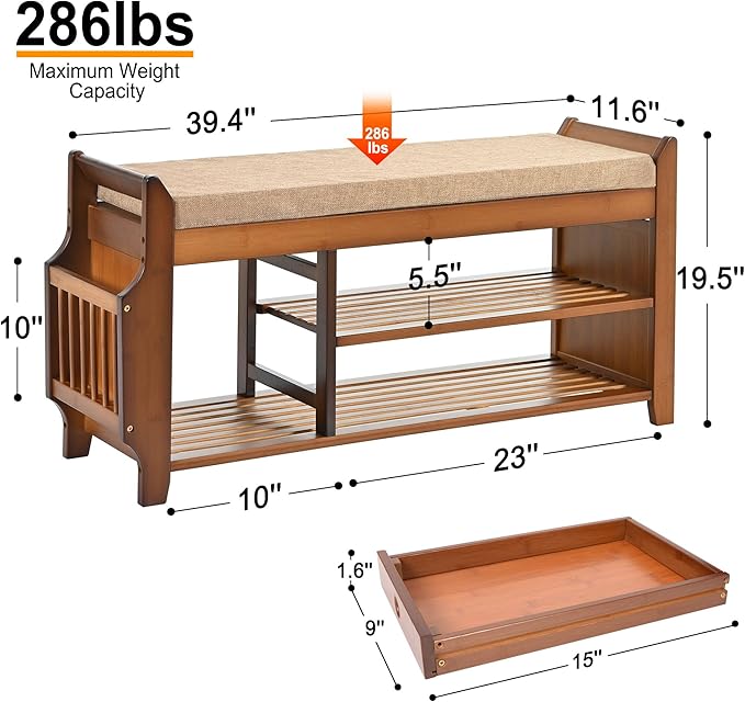Shoe Bench with Hidden Drawer and Side Holder, 2 Tier Entryway Bench with Storage 39.4 in, Bamboo Shoe Rack with Cushion for Entryway Hallway Living Room Bedroom