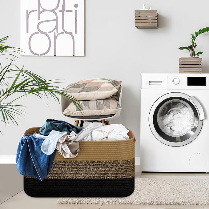 Large Collapsible Laundry Basket, Clothes Hamper for Blanket, Toy, Towels, Woven Baskets for Storage, Nursery Home Decor Living room 21.6" x 15" x 11.8" Black