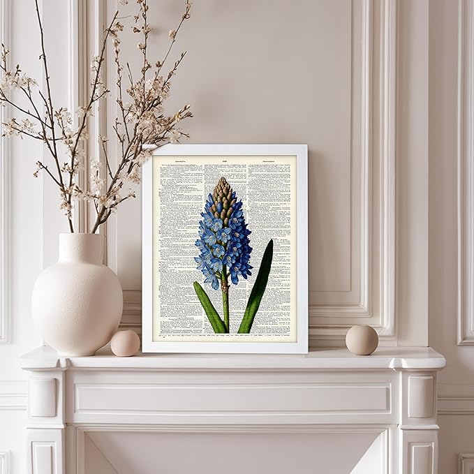 Poster Master Dictionary Art Poster - Blue Hyacinth Print - Flower Art - Floral Art - Gift for Men, Women & Florist - Minimal Decor for Bedroom, Office, Dorm or Flower Shop, 11x14 White Framed