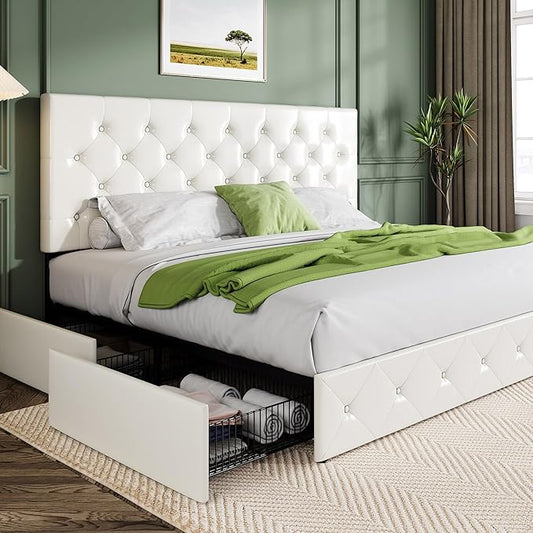 Allewie King Size Platform Bed Frame with 4 Storage Drawers and Headboard/Upholstered Diamond Stitched Button Tufted/Wooden Slats Support/Mattress Foundation/No Box Spring Needed/White
