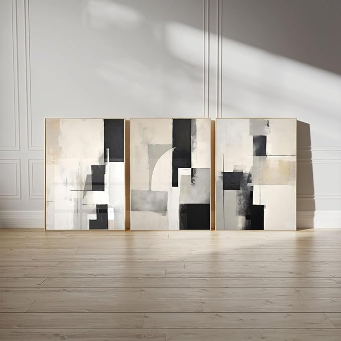 3Pcs Neutral Abstract Canvas Wall Art Pictures Modern Minimalist Posters Prints Beige Black Simple Wall Decoration for Living Room Bedroom Bathroom Office 12x16in Unframed