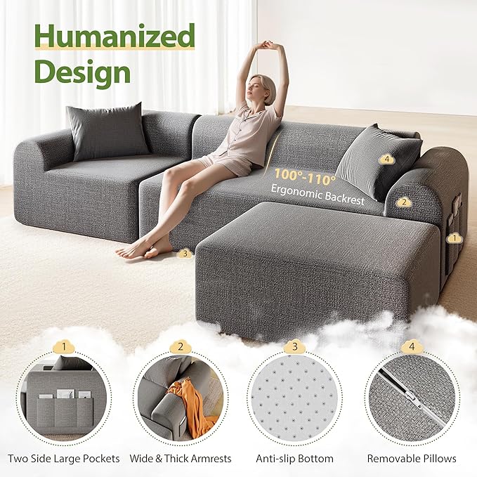105.5” Cloud Boneless Sectional Sofa for Living Room, L-Shaped 4-Seater Modular Couch with Ottoman & 4 Pillows, Deep Seat Chenille Fabric Sofa, No Assembly, 72H Full Restore, Light Grey