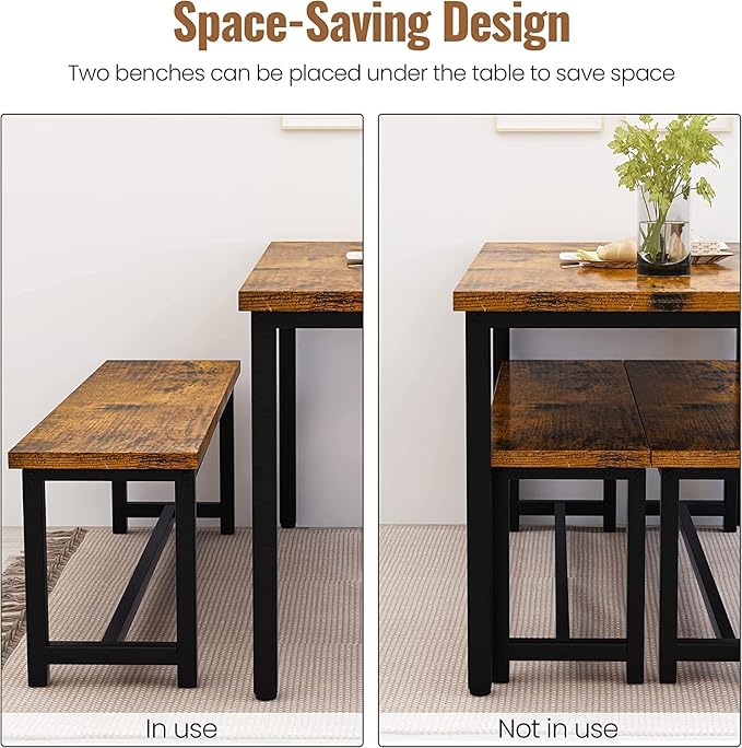 Dining Room Table Set with 2 Benches, Farmhouse Dining Table Set for 4-6, Wood Breakfast Table Set Dinner Table Set Kitchen Table and Chairs for Breakfast Nook Small Spaces, Brown