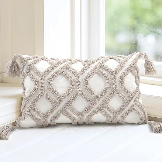 Boho Pillow Covers 12X20 Inch Boho Tufted Throw Pillow Covers Decorative Tassels Cushion Cover Farmhouse Pillow Case for Couch Sofa Bed Living Room Bedroom, Taupe