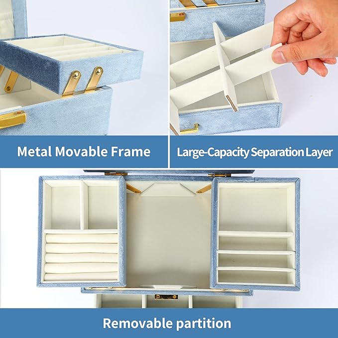 Dajasan Velvet Jewelry Boxes for Women Girls, Jewelry Organizer Box, Jewelry Storage Organizer for Rings Necklaces Bracelets Watch Earring (Blue)