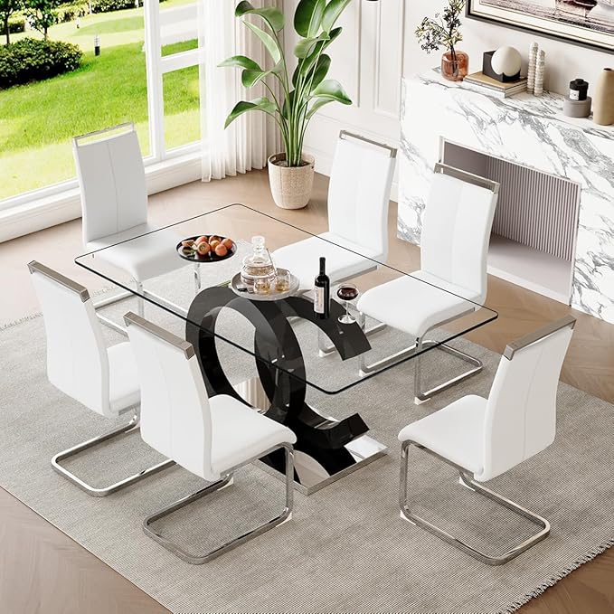 63'' Glass Dining Table Set for 6, Kitchen Table Chairs Set of 6, Clear Glass Dining Table with Black unique design Leg and Silver Metal Base, 6 PU Dining Chairs with Metal Legs, Living Room, Kitchen.