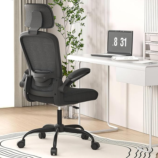 Ergonomic Office Chair for Long Hours & Back Pain Relief – Desk Chair with Adjustable Lumbar Support & Headrest, High-Density Foam Cushion, Flip-Up Armrests, Perfect for Work & Study (Dark Black)