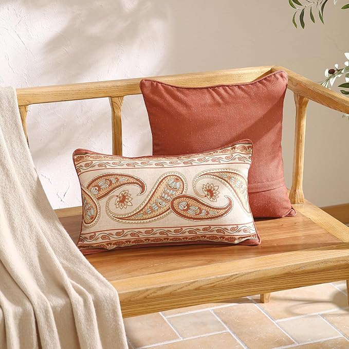 Design Linen Classic Vintage Throw Pillow Covers 12"x20" Pack of 2, Lumbar Cushion Covers with Orange Yellow Paisley Style Pattern Decoration Pillowcases for Bed,Living Room,Outdoor,Car