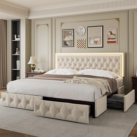 Keyluv King Upholstered LED Bed Frame with 4 Drawers, Velvet Platform Storage Bed with Adjustable Button Tufted Headboard and Solid Wooden Slats Support, No Box Spring Needed, Beige