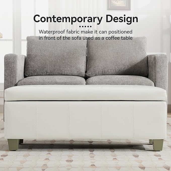 51" Faux Leather Storage Ottoman, Stitch Tufted Rectangle Upholstered End of Bed Storage Bench, Entryway Large Couch Ottoman with Wooden Legs,White