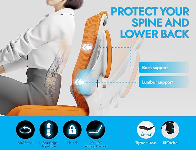 Ergonomic Office Chair - X-Shaped Computer Desk Chair Comfy, Gaming Chair, Office Chair with Lumbar Support, Mesh Office Chairs, Desk Chair for Long Hours(White-Orange)