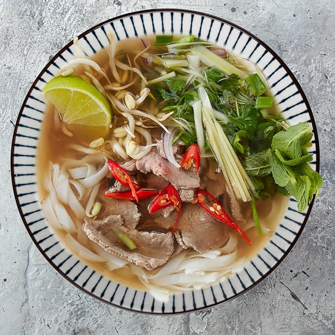 38 oz Japanese Ramen Bowl Set of 6 - Large 8 Inch Ceramic Soup Bowls, Blue and White Japanese Noodle Bowls for Pho, Ramen, and Salad - Striped Patterns