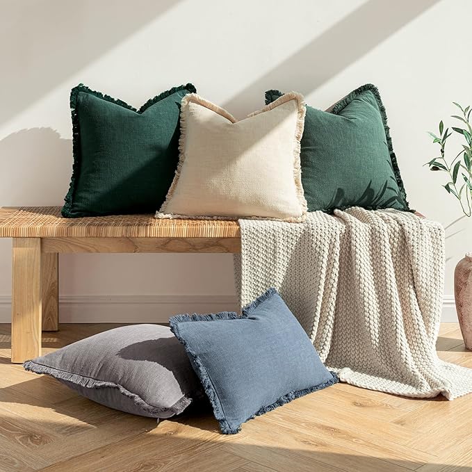 MIULEE Decorative Throw Pillow Covers Neutral Linen Fringe Throw Pillows Euro Shams Set of 2 Navy Blue Boho Farmhouse Cushion Covers for Couch Sofa Bed Living Room Spring Home Decor 24x24 Inch