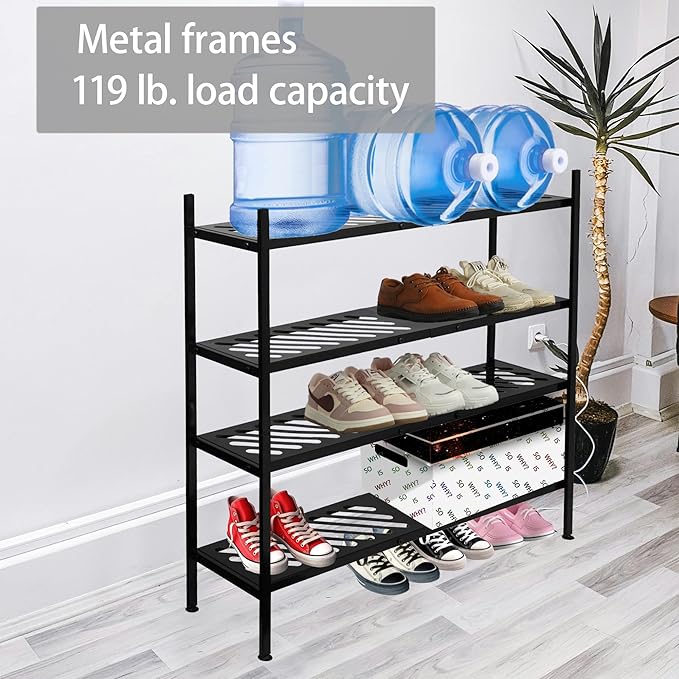 Shoe Rack, 4-Tier FreeStanding Shoe Shelf Stand, Stackable Shoe Storage Organizer for Closet, Holds up to 20-24 Pairs of Shoes for Entryway, Garage, Front Door Entrance, Metal, Black