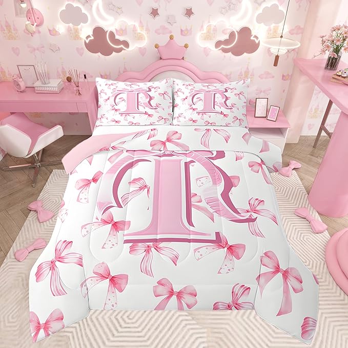 jejeloiu Kids Girls Cute Pink Bow Comforter Set Full Size Monogrammed Bedding Set Ultra Soft Personalized Initial I Duvet Quilt Coquette Bow Knot Quilt Set Room Decor Modern Fashion Comforter