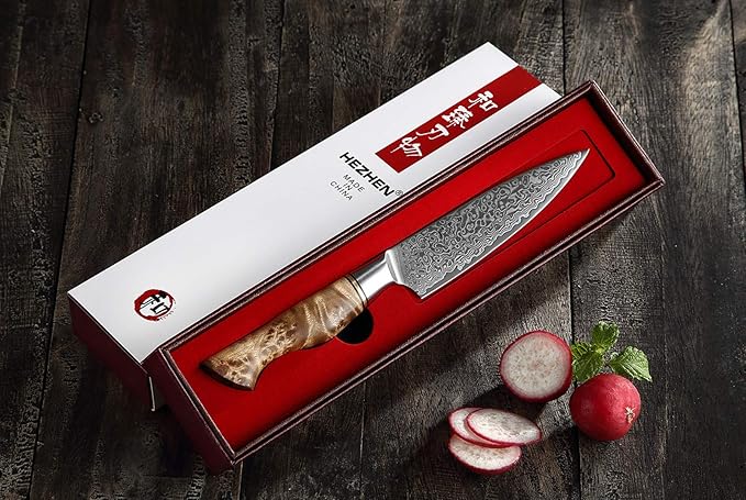 HEZHEN 5 inch Utility Knife with Razor Sharp- Damascus Steel with Rose Pattern Multifunctional VG10 Professional Paring-Fruit knife- Master Series Ergonomic Figured Sycamore Wood Handle
