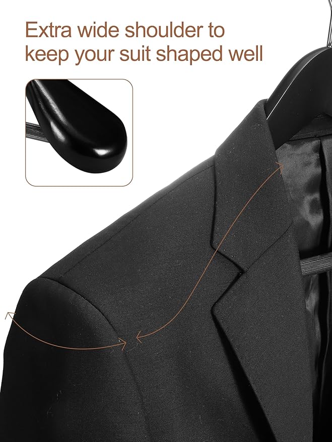 HOUSE DAY Wide Shoulder Wooden Hangers 12 Pack, Wood Suit Hangers for Men with Non Slip Pants Bar, Smooth Finish Solid Wood Coat Hangers for Jacket, Pants, Dress, Heavy Clothes Hangers (Black)