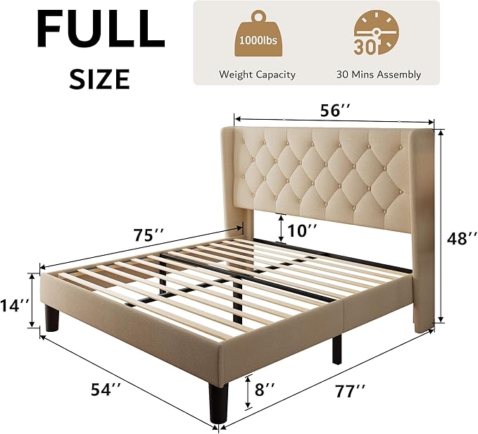 iPormis Full Size Platform Bed Frame with Button Tufted Headboard, Upholstered Bed Frame with Solid Wooden Slats, 8" Underbed Space, No Box Spring Needed, Noise Free, Easy Assembly, Beige