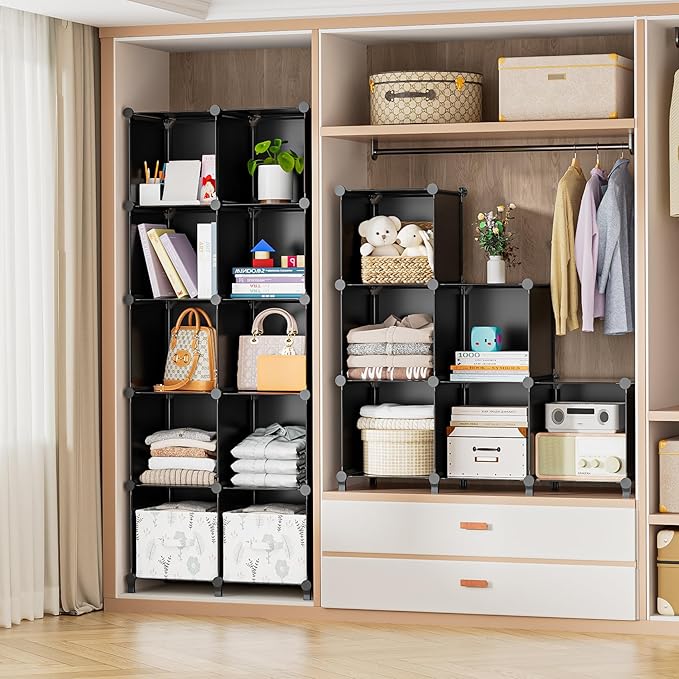 Neprock 16 Cubby Storage Organizer, Closet Clothes Storage Organizer, Cube Shelves Closet Organizers and Storage Shelves for Clothing Storage with Hammer, Bookshelf for Kids（Black）