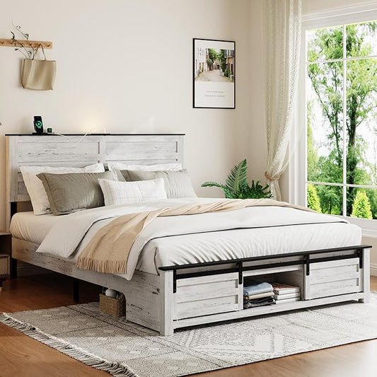 Wooden Full Size Bed Frame with Headboard, Boho White Farmhouse Storage Bedframe with Sliding Barn Door Footboard and Charging Station, Wood Slats, No Box Spring Needed