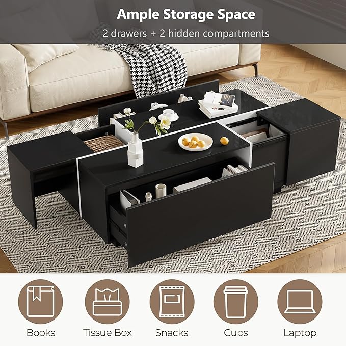 Modern High Gloss Coffee Table with Hidden Storage Space, 47.2-Inch Wooden Extending Top Center Table with Drawers for Living Room, Black