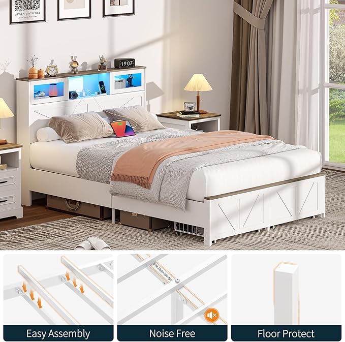 Yoobure Farmhouse Full Size Bed Frame with Headboard, Full Bed Frame with Charging Station & LED Lights, Platform Beds with 2 Storage Drawer, Wood Bedframe, Noise Free, No Box Spring Needed, White