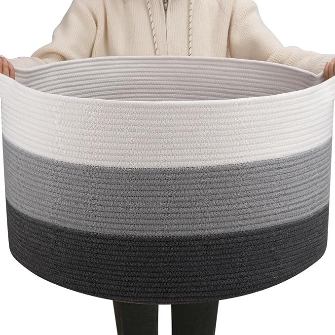 OIAHOMY Extra Large Storage Basket, 23" x 13" Woven Blanket Storage for Living Room, Round Laundry Basket for Pillow-Gardient Dark Grey