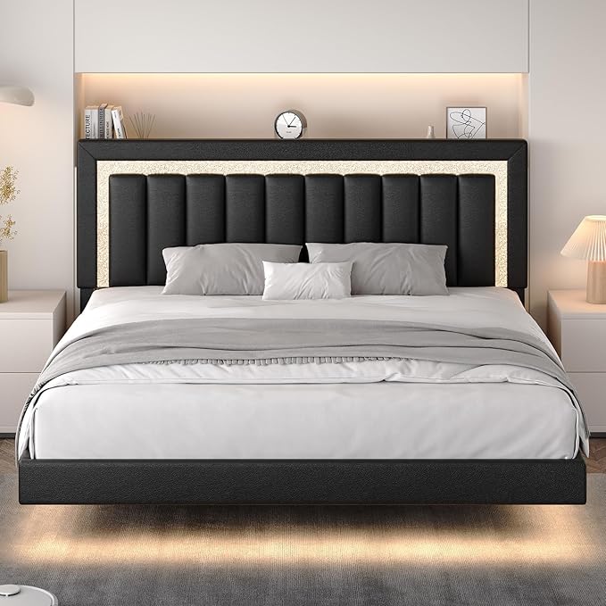 HOMBCK Floating Bed Frame King with Smart LED Lights, Faux Leather Upholstered Platform Bed with Diamond PU Headboard, No Box Spring Needed, Noise-Free, Easy Assembly, Black