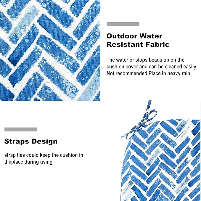 Set of 2 Outdoor Chair Cushions with Ties,Water Repellent Patio Chair Pads 17"x 16" for Outdoor Furniture,Round Corner Seat Cushions for Garden Yard Kitchen Blue Bricks
