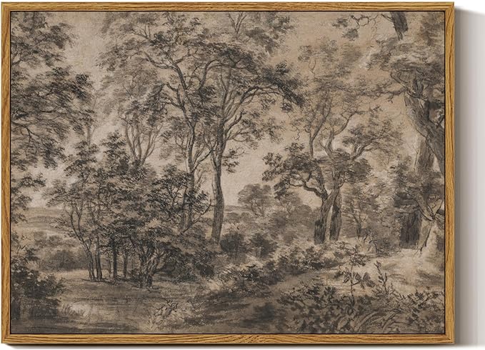 InSimSea Framed Canvas Wall Art, Vintage Wall Decor, Antique Watercolor Country Landscape Painting for Living Room, Bedroom Moody Black Sketch Retro Woodland Prints Pictures Decorations,12x16inch