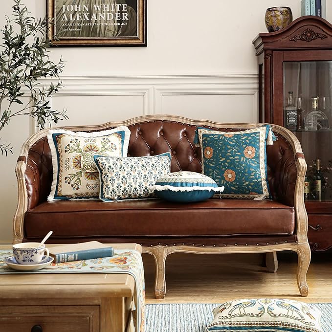 patdrea Designer Square Throw Pillow Covers Set of 2,French Floral Blue Farmhouse Linen Vine Branch Pattern Pillow Cover,Decorative Pillowcases Cushion for Bed Living Room Outdoor Car,18"x18"