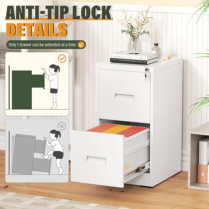 Greenvelly 2 Drawer Metal File Cabinet with Lock, White Vertical Filing Cabinet for Home Office, Lockable Metal File Cabinet for Hanging Letter/Legal Folders, Easy Assemble