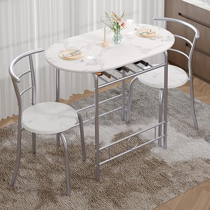 VECELO 3-Piece Dining Table Set for Kitchen Breakfast Nook, Faux Marbled Oval Tabletop and Metal Frame with Built-in Wine Rack, for Small Spaces, White & Silver