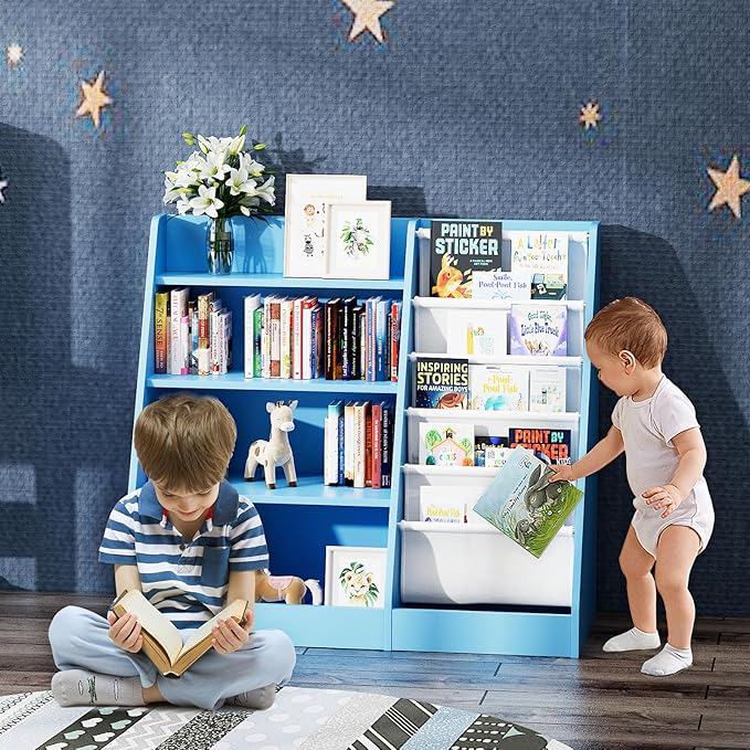 Blue 4 Tier Kids Wooden Bookshelf,Five Layer Sling Bookcase,Baby Storage Book Rack,Child Book and Toy Organizer Cabinet Chest,Toddler Book Display Playroom Kids Room Bedroom Classroom Nursery Library