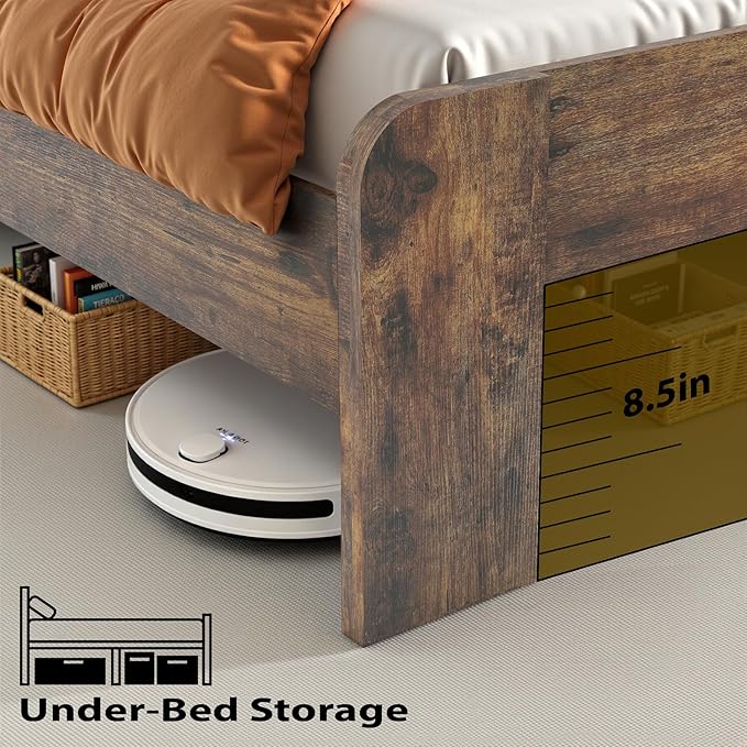 Queen Bed Frame with Headboard, Wooden Platform Bed Frame Queen Size with Bookcase Shelf, LED Lights, Charging Station, Heavy Duty Supports, No Box Spring Needed, Dark Brown