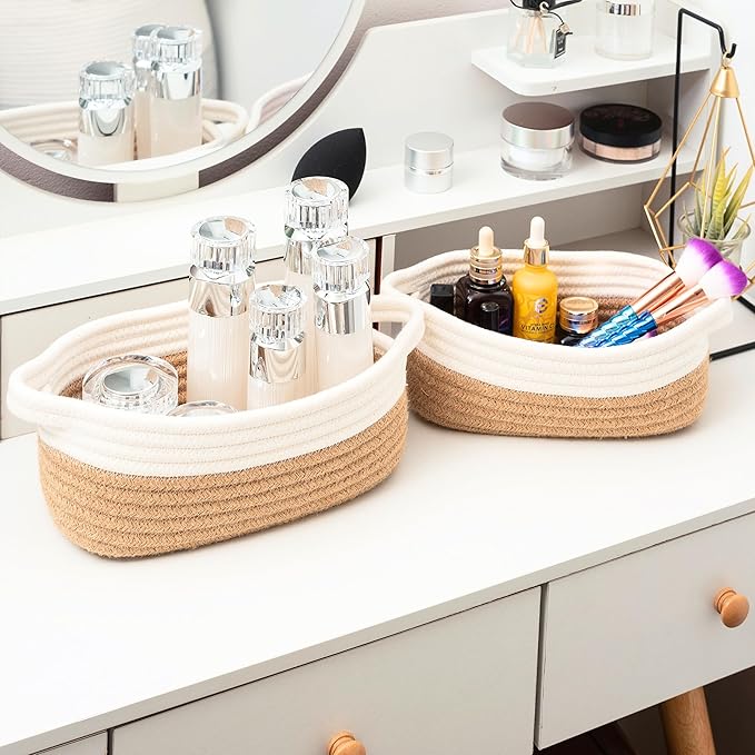 MINTWOOD Design 5-Piece Small Decorative Woven Storage Baskets Set for Shelves, Bathroom, Pantry and Nightstand Organizer, Catch All Tray with Handles for Organizing Gifts, Dog and Cat Toys, Jute