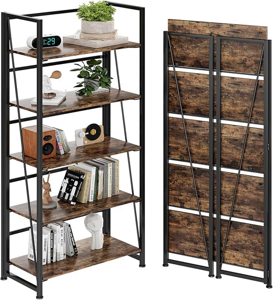 BHG Vintage Multifunctional Folding Bookshelf, No-Assembly Plant Stand Storage Rack Shelves for Home Office (Fire, 5-Tier)