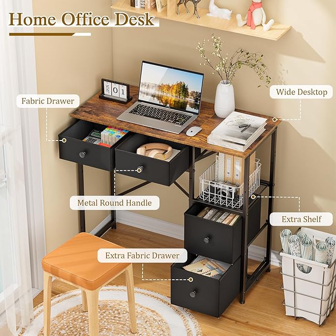 Small Computer Desk with 4 Fabric Drawers, Simple Writing Desk for Home Office, Compact Study Desks for Small Spaces, Kids Desk Study for Bedroom, Rustic Brown