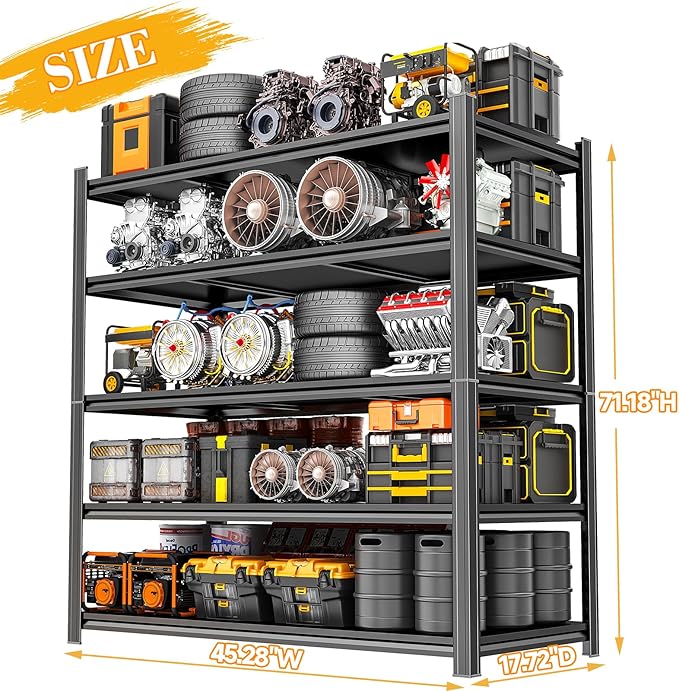 5-Tier Heavy Duty Garage Shelving Unit – 3000 lbs Adjustable Metal Storage Rack, Tool-Free Assembly, Rustproof Steel Organizer for Basement, Pantry, Warehouse, 71" H x45 W x 17.7" D