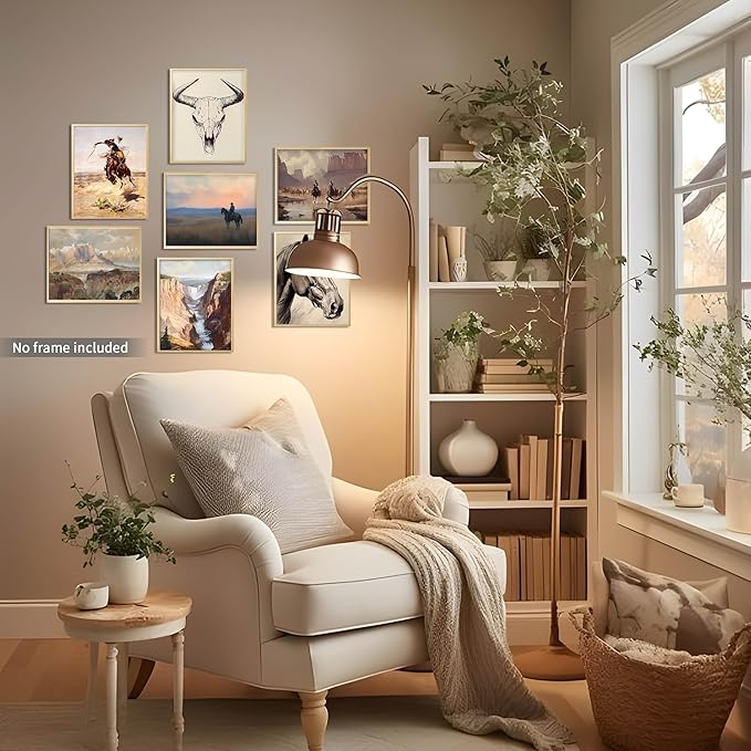 SEHSUVC Western Wall Art Set of 9, Cowboy Horse Cactus Skull Desert Landscape Canvas Prints, Southwestern Rustic Vintage Posters for Living Room Bedroom Office Home Decor 8x10 Inch Unframed