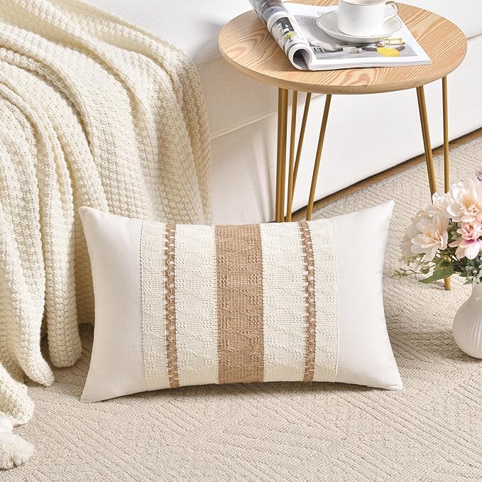 Fancy Homi Set of 2 Boho Neutral Lumbar Decorative Throw Pillow Cover 12x20 Inch for Couch Bed Sofa Chair, Modern Organic Farmhouse Home Decor, Soft Cotton Cute Accent Tan Rectangle Cushion Case