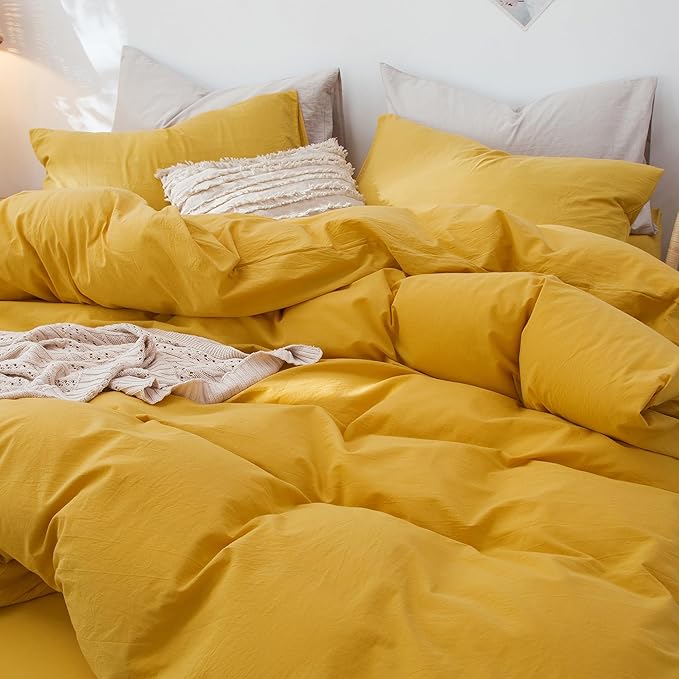 MooMee Bedding Duvet Cover Set 100% Washed Cotton Linen Like Textured Breathable Durable Soft Comfy (Solid Yellow, Twin 68"x90")