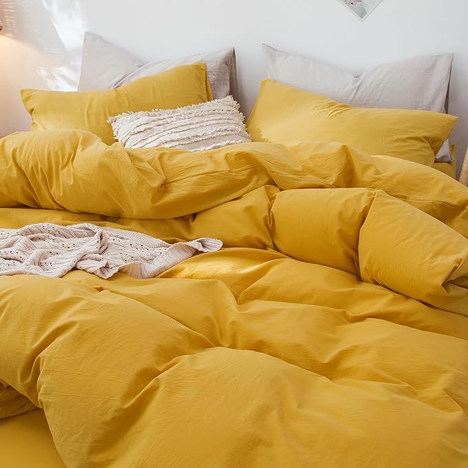 MooMee Bedding Duvet Cover Set 100% Washed Cotton Linen Like Textured Breathable Durable Soft Comfy (Solid Yellow, Full 80"x90")