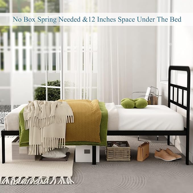 14 Inch Twin XL Bed Frame with Headboard No Box Spring Needed Metal Platform Heavy Duty Steel Slat Mattress Foundation/Easy Assembly/Noise Free/Black