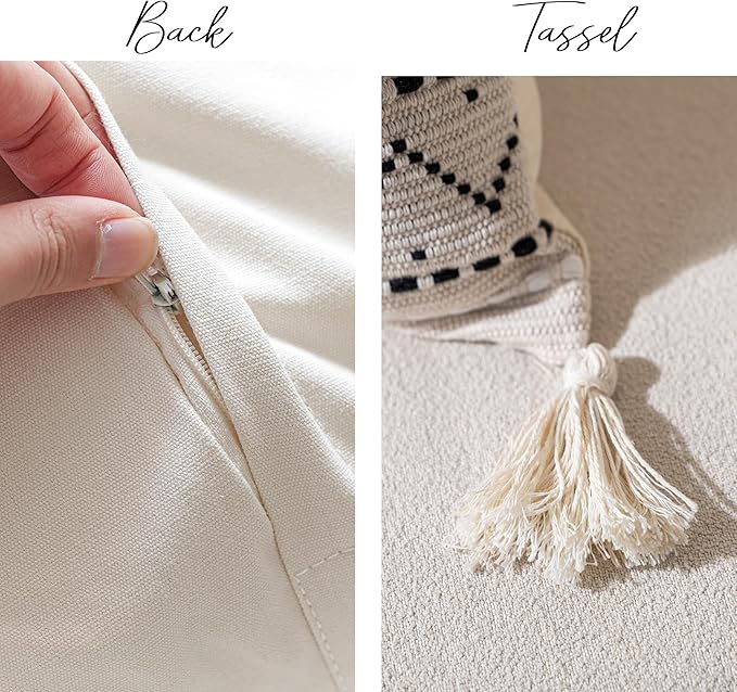 Decorative Throw Pillow Cover 20x20 Square Boho Black Neutral White Accent Pillowcase Tassels Farmhouse Cushion for Couch Sofa Bedroom Living Room Home Décor (Cover ONLY, Pack of 1)