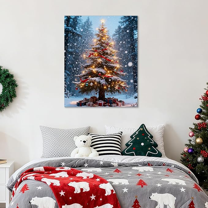 Framed Christmas Pictures Wall Decor,Vintage Pine Tree Prints,Winter Christmas Canvas Wall Art Decoration for Bedroom Bathroom Living Room Rustic Xmas Holiday Gifts (Christmas Tree 16, 16'' X 20'')